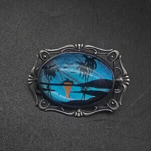 Sterling Silver Butterfly Wing Beach Scene Brooch Vintage Morpho Jewelry